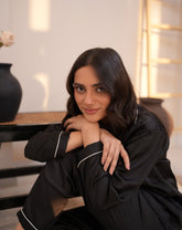 Florea Silk Pajama Set With Scrunchie - Black